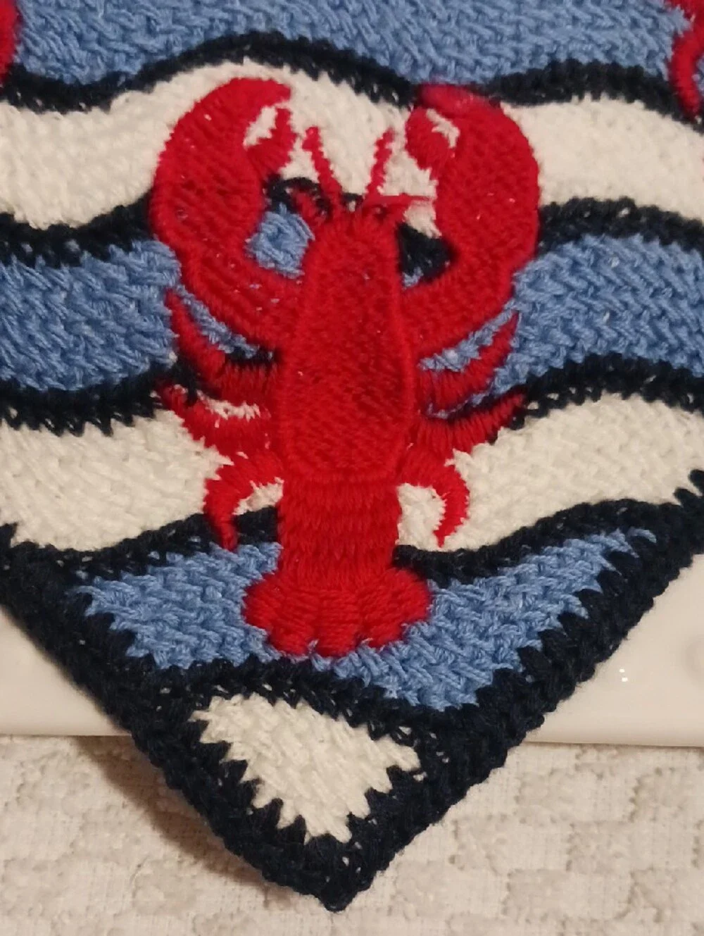 Piper Knit Bandana Bib with Red🦞 Lobsters on Blue & White Waves 🦞